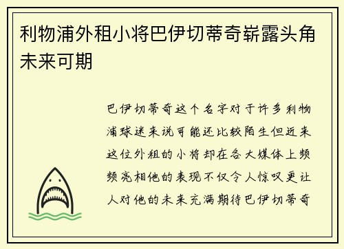 利物浦外租小将巴伊切蒂奇崭露头角未来可期